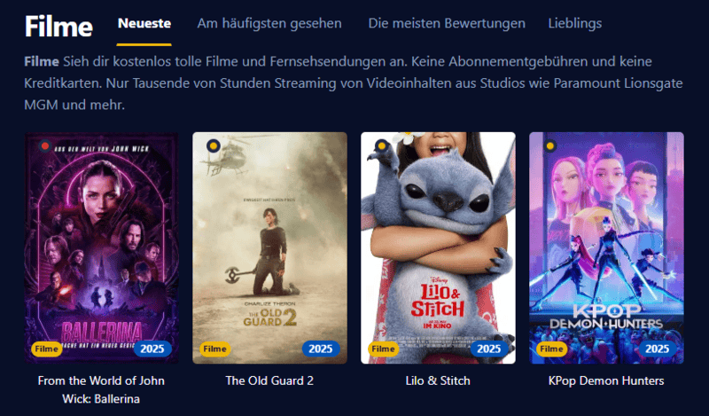 Bildschirmaufnahme der Oberfl&auml;che von Einschalten die eine moderne Streaming Plattform mit Filmen und Serien zeigt